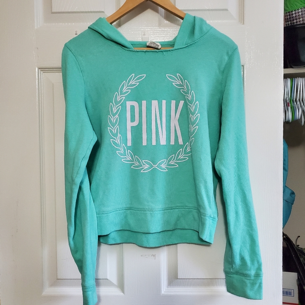 PINK hoodie - teal - distressed elongated neckline